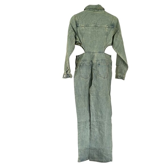 PrettyLittleThing PLT Petite Vintage Wash Denim Cut Out Waist Jumpsuit -US 4 NWT - Picture 5 of 10